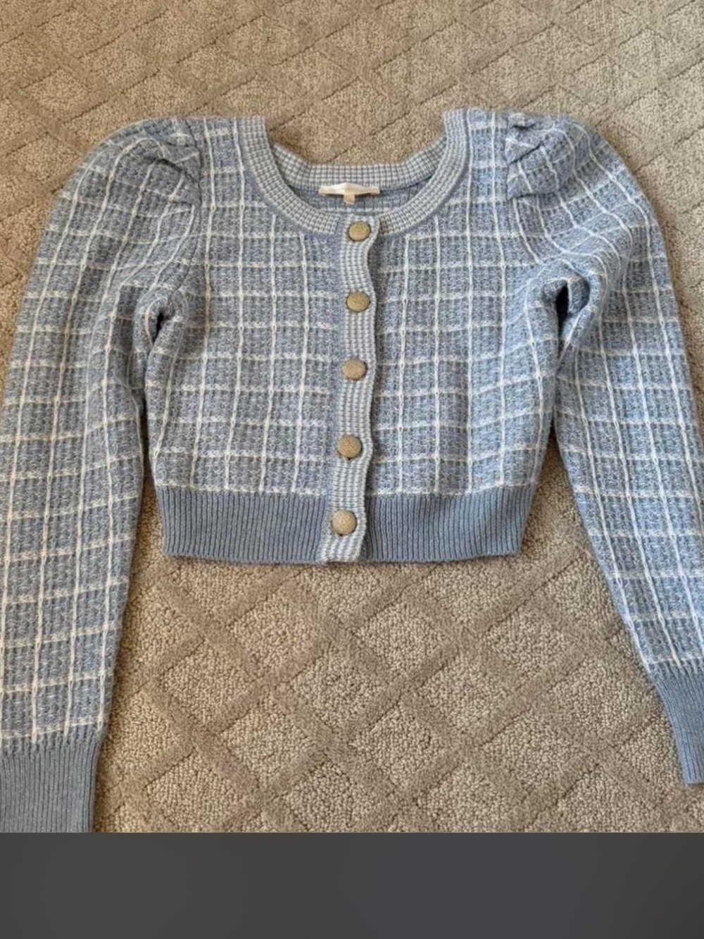 LoveShackFancy Light Blue Plaid Cropped Knit Cardigan